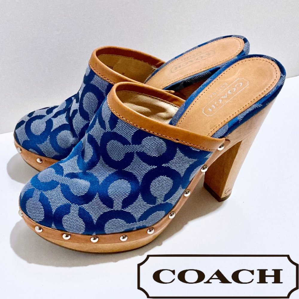 COACH Bacall Wooden Clogs w Rivets Heels Platform Sandals Blue Canvas Logo Sz 5